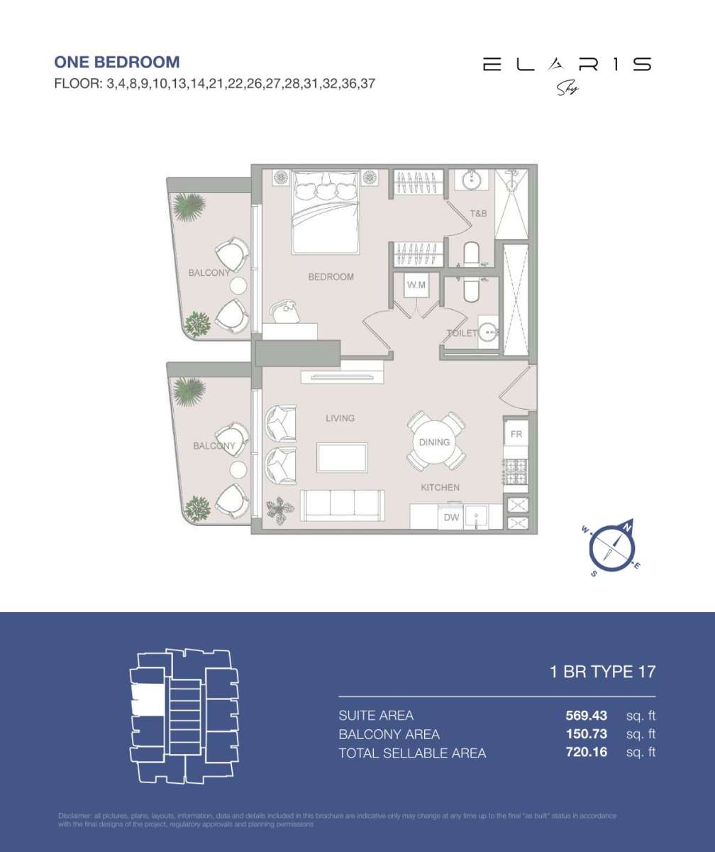 1BR-Type 17 | Elaris Sky offers 1-bedroom apartments in JVT District 3, Jumeirah Village Triangle, Dubai.